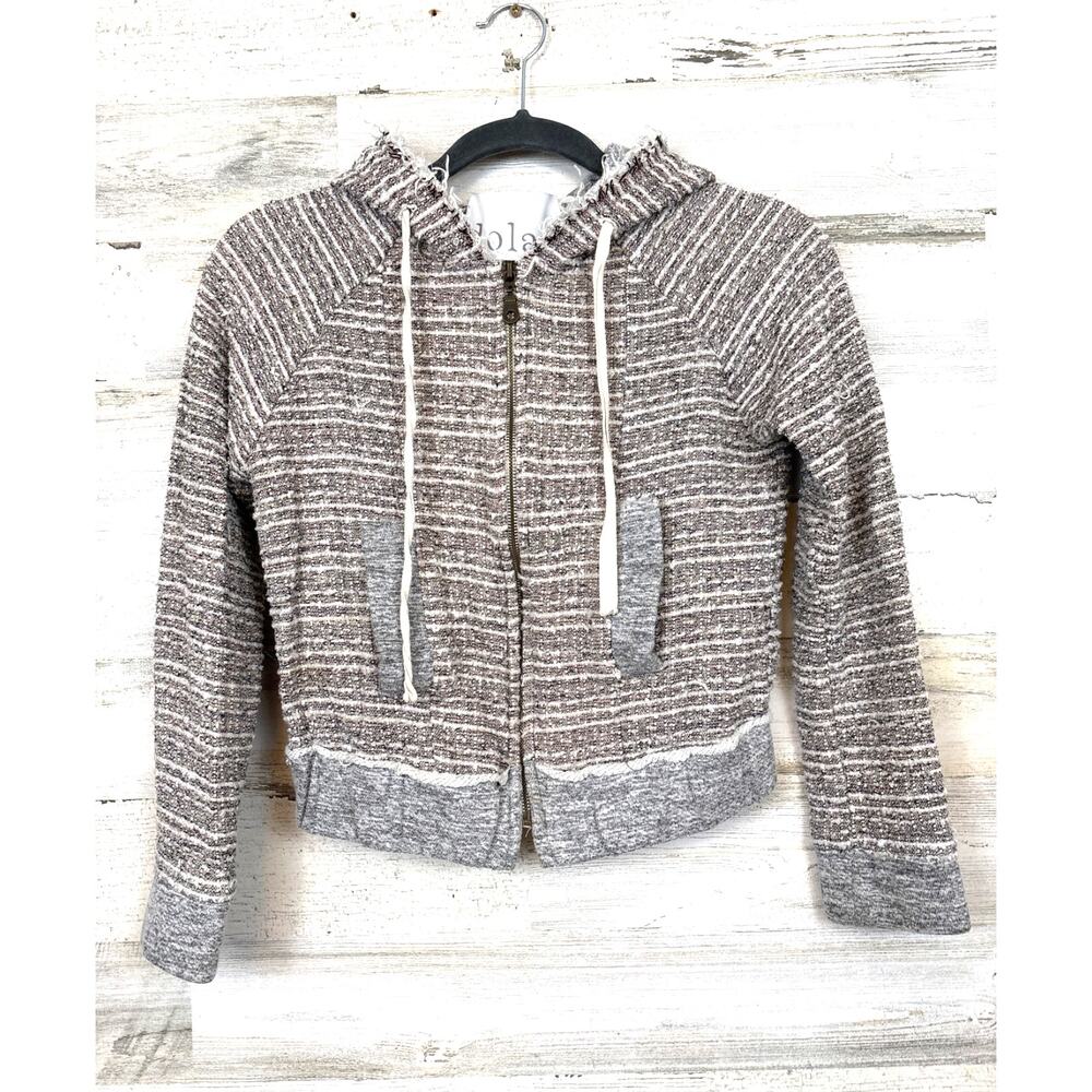 Anthropologie Dolan Womens XS Gray Tan Hooded Cropped Silk Sweater Jacket Boho